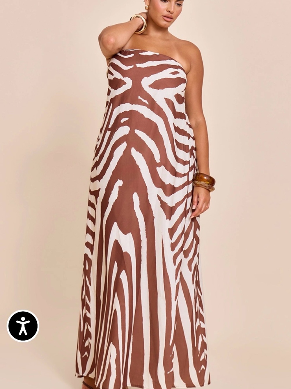 PrettyLittleThing Brown & White Strapless Zebra Maxi Dress